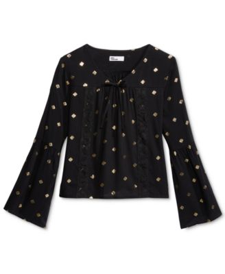 Epic Threads Girls Metallic-Print Peasant Shirt, Deep Black L