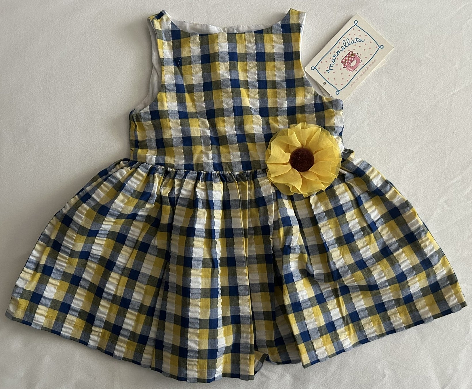 Marmellata Plaid Sunflower Dress, Baby Girl Navy Yellow 12 months
