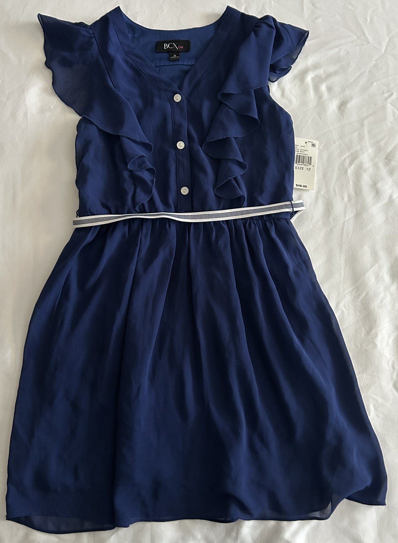 BCX Girls Ruffle-Front Shirtdress Navy 12