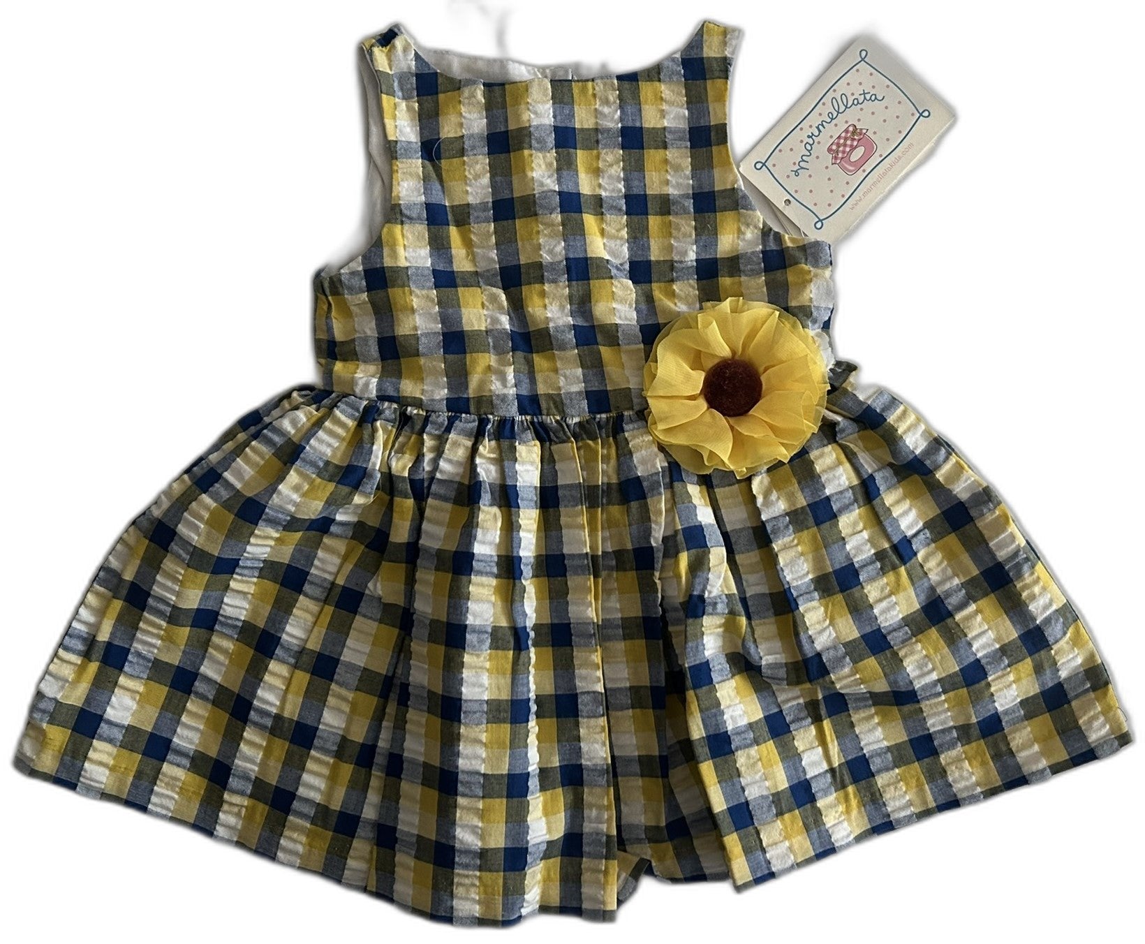 Marmellata Plaid Sunflower Dress, Baby Girl Navy Yellow 12 months