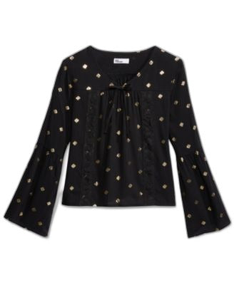 Epic Threads Girls Metallic-Print Peasant Shirt, Deep Black L