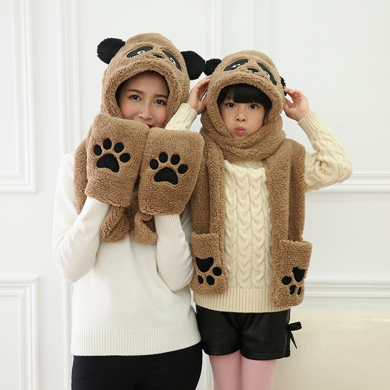 Soft Winter Warm Cute Panda Hoodie Faux Fur 3 in 1 Function Hat Scarf Mitten Pockets Gloves