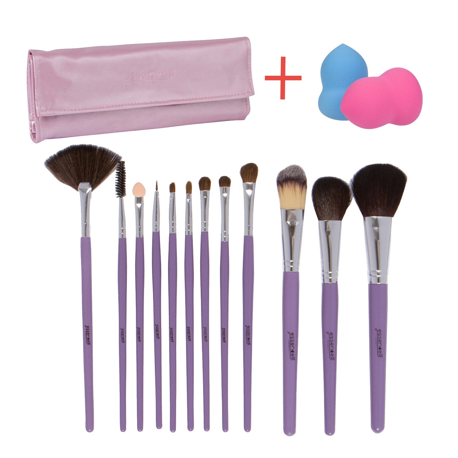 Essencell 12 Pieces Makeup Brush Set, Light Purple with Makeup Blender Sponge and Travel Essentials Case